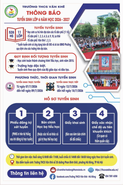 THÔNG BÁO TUYỂN SINH LỚP 6 NĂM HỌC 2026 - 2027
