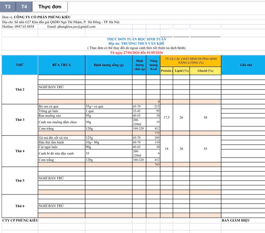 Thực đơn bếp ăn từ ngày 27/4 đến ngày 01/5/2026